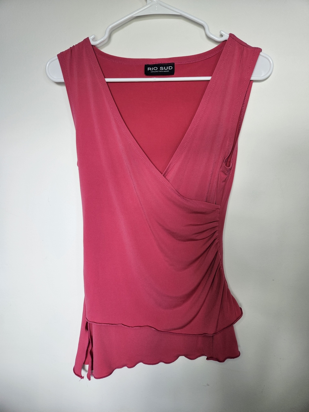 Rio Sud Pink Sleeveless Faux Wrap Top Ruched Side Lettuce Hem S🔥